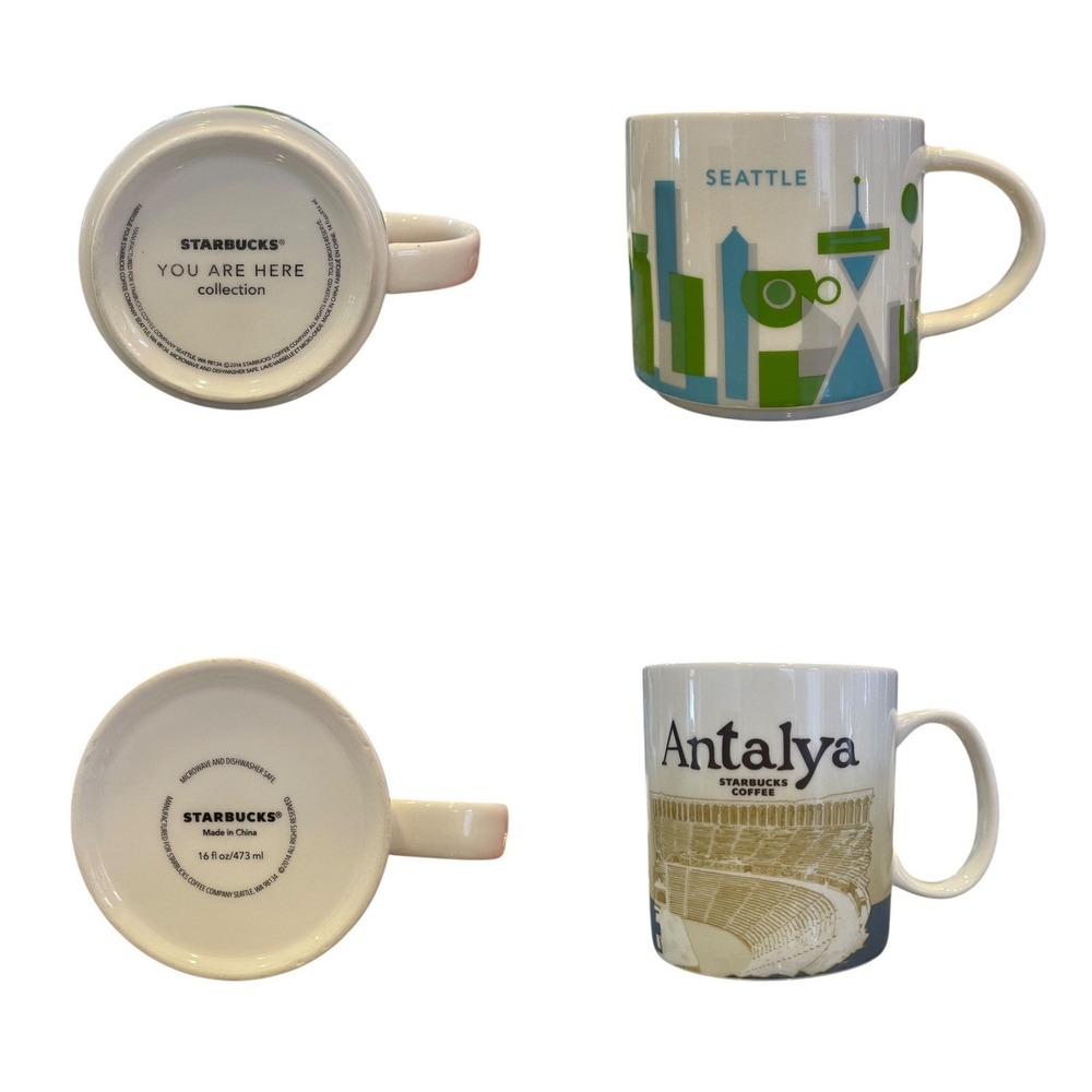 2 PC Lot 2014 Starbucks You Are Here Seattle & Antalya, Turkey Coffee Mug